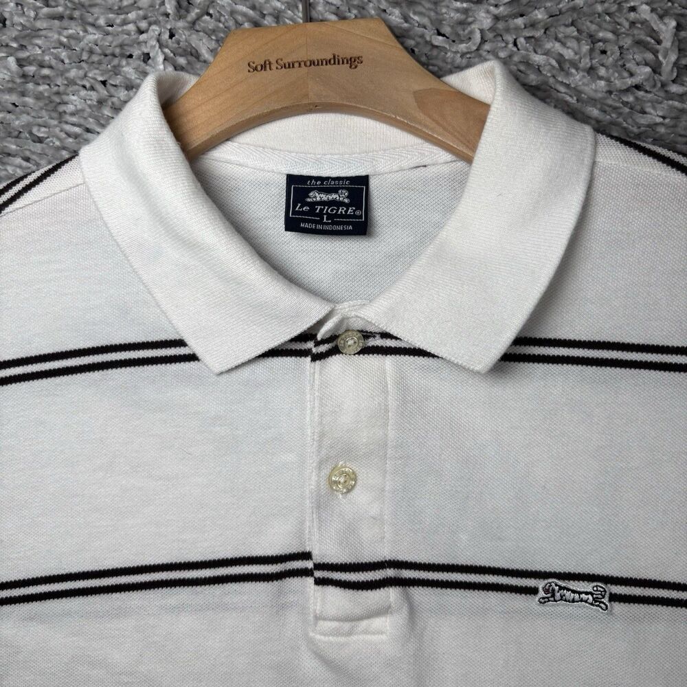 Le Tigre Polo Shirt Mens Large Short Sleeve White Stripes Preppy Golf Tiger Work